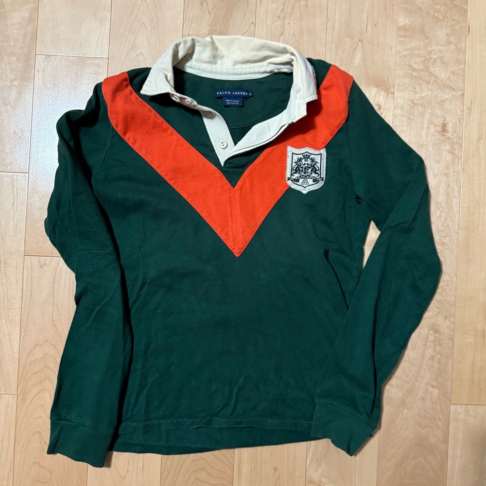 Vintage olive green Ralph Lauren collared sweater shirt with orange stripe.